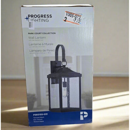 Progress Lighting Park Court Wall Lantern Textured Black Clear Seeded Glass Outdoor Light Fixture 26-Inch 1-Light