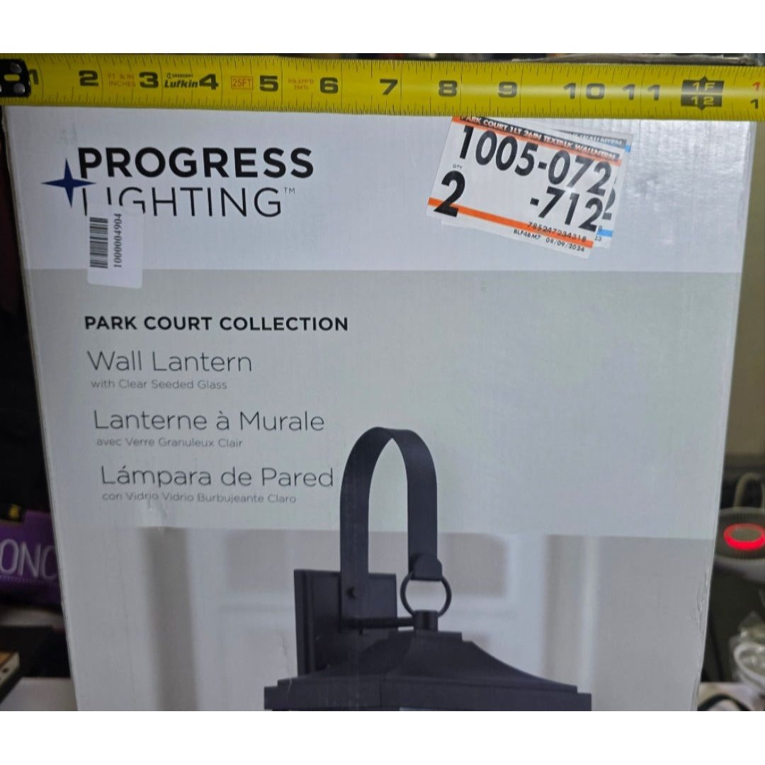 Progress Lighting Park Court Wall Lantern Textured Black Clear Seeded Glass Outdoor Light Fixture 26-Inch 1-Light