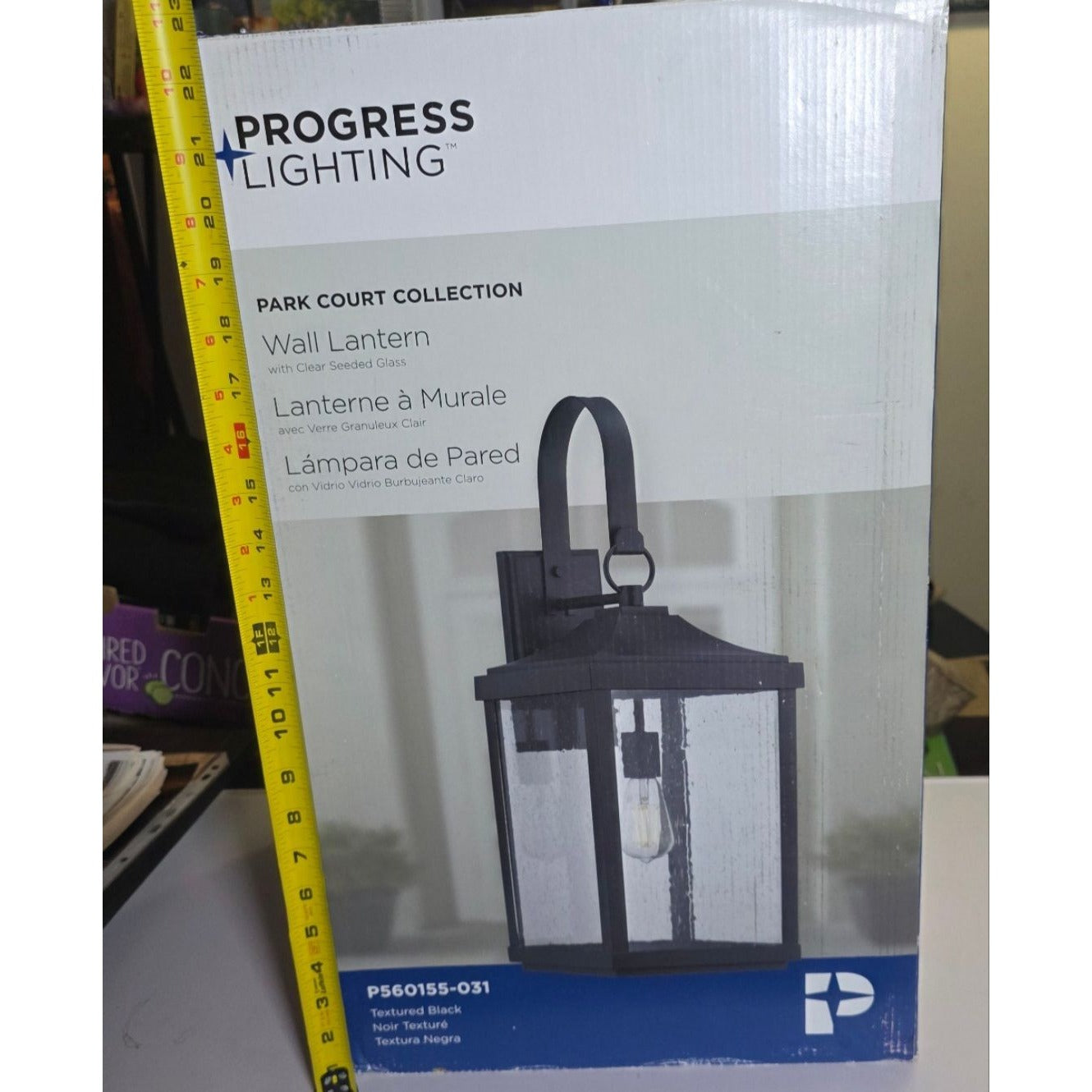 Progress Lighting Park Court Wall Lantern Textured Black Clear Seeded Glass Outdoor Light Fixture 26-Inch 1-Light